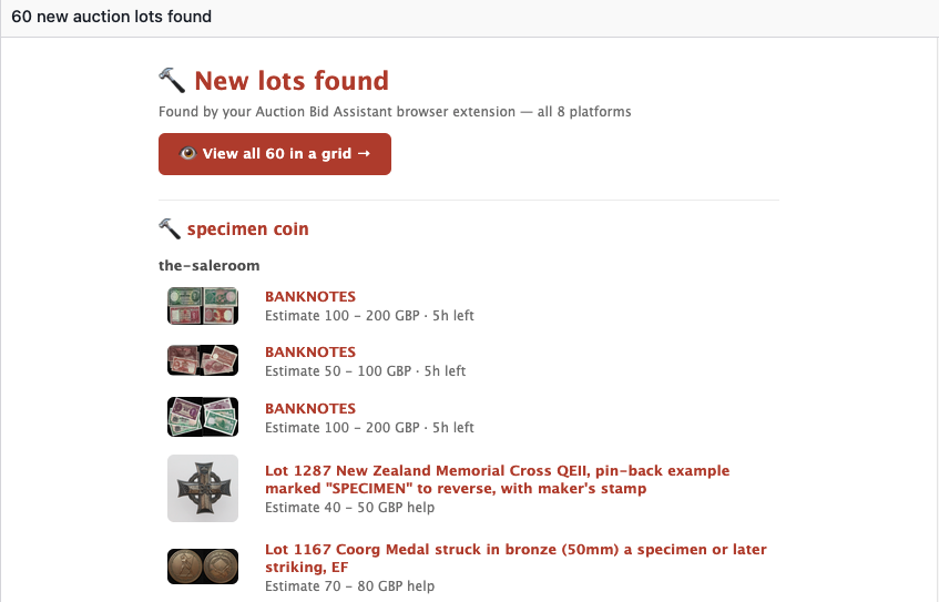 Daily alert email listing new auction lots