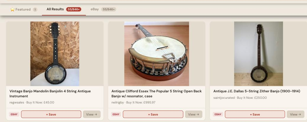 Auction Bid Assistant search results for 'antique banjo' showing genuine antique banjos including a Clifford Essex open back banjo and a J.E. Dallas zither banjo