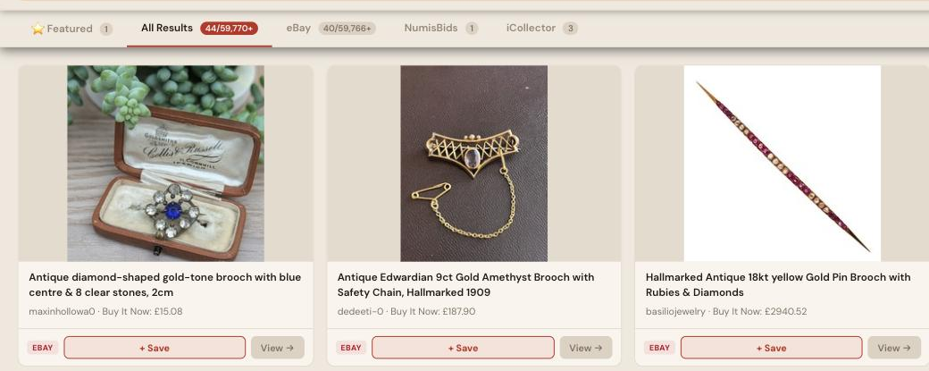 Auction Bid Assistant search results for 'antique gold brooch' showing genuine hallmarked gold brooches including a Victorian owl bar brooch
