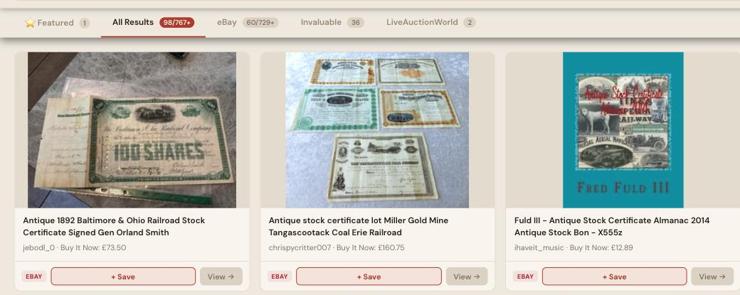 Auction Bid Assistant search results for 'antique stock certificate' showing genuine railroad, mining and bank note company stock certificates