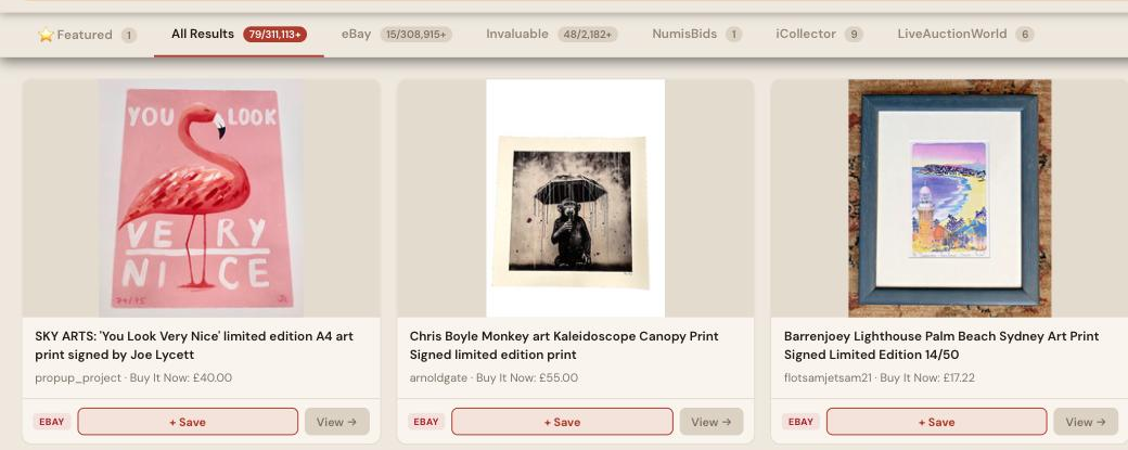 Auction Bid Assistant search results for 'limited edition art print signed' showing genuine hand-signed and numbered limited edition prints