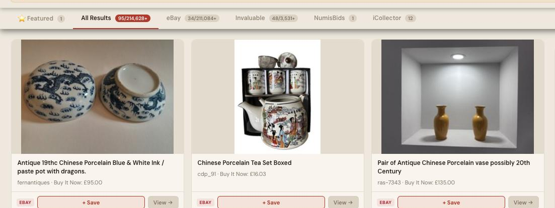 Auction Bid Assistant search results for 'Chinese porcelain' showing 95 matching lots including blue and white porcelain, vases and ginger jars across the-saleroom, eBay and more