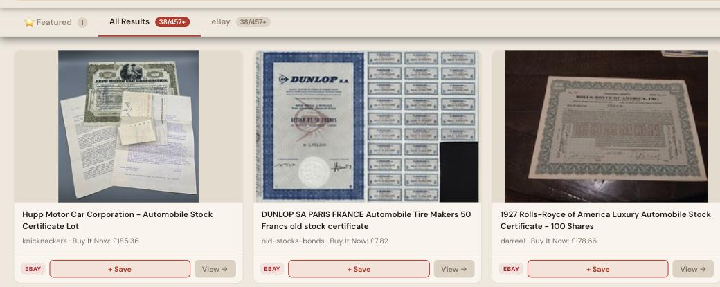 Auction Bid Assistant search results for 'automobile stock certificate' showing genuine Rolls-Royce of America, Hupp Motor Car and Comet Automobile Company certificates