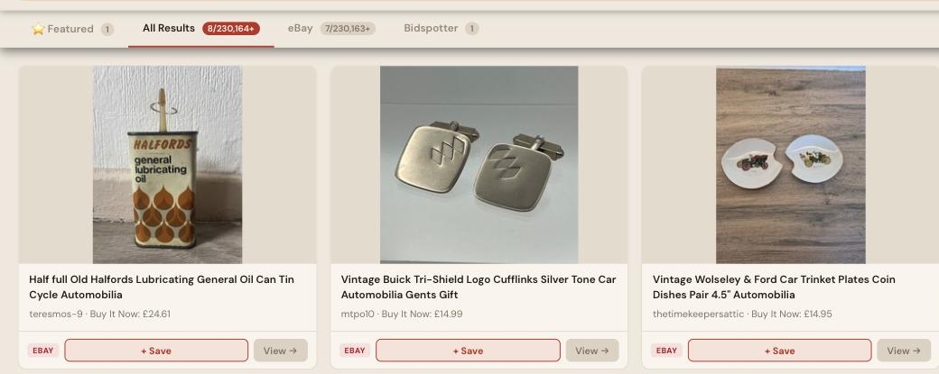 Auction Bid Assistant search results for 'automobilia' showing a Halfords oil can, Buick cufflinks and car trinket dishes