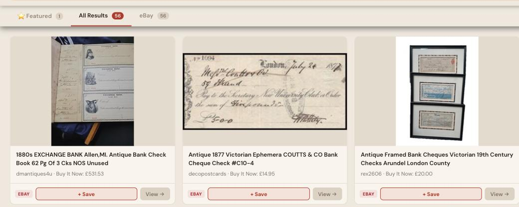 Auction Bid Assistant search results for 'antique bank check' showing genuine Victorian Coutts and Exchange Bank cheques and framed cheque collections