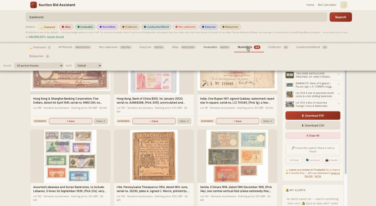 Auction Bid Assistant search results for 'banknote' showing 490 matching lots including Hong Kong, Indian and colonial-era banknotes across the-saleroom, NumisBids, eBay and more