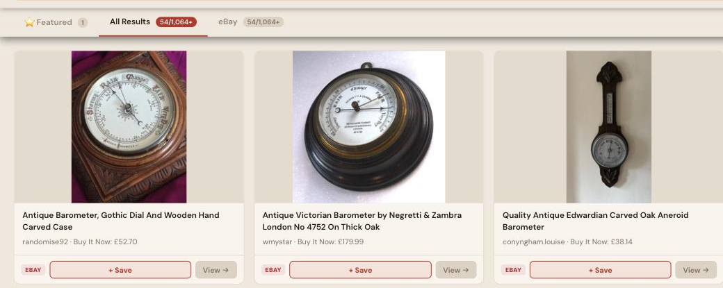 Auction Bid Assistant search results for 'antique barometer' showing genuine antique aneroid and wheel barometers including a Negretti & Zambra example