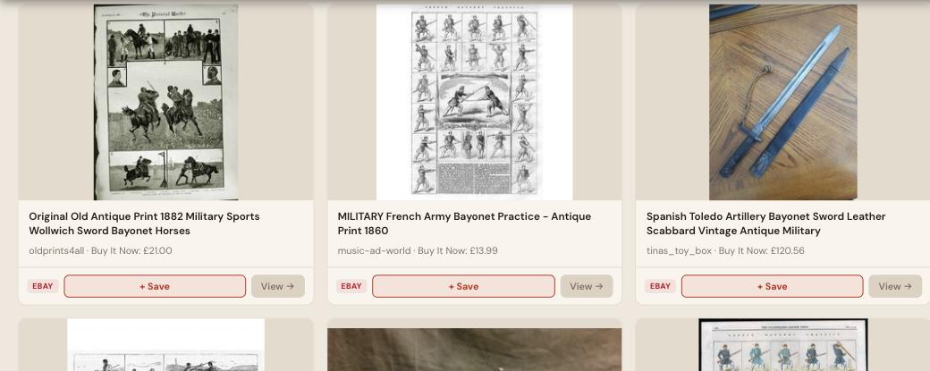 Auction Bid Assistant search results for 'antique military bayonet' showing a genuine Spanish Toledo artillery bayonet with leather scabbard
