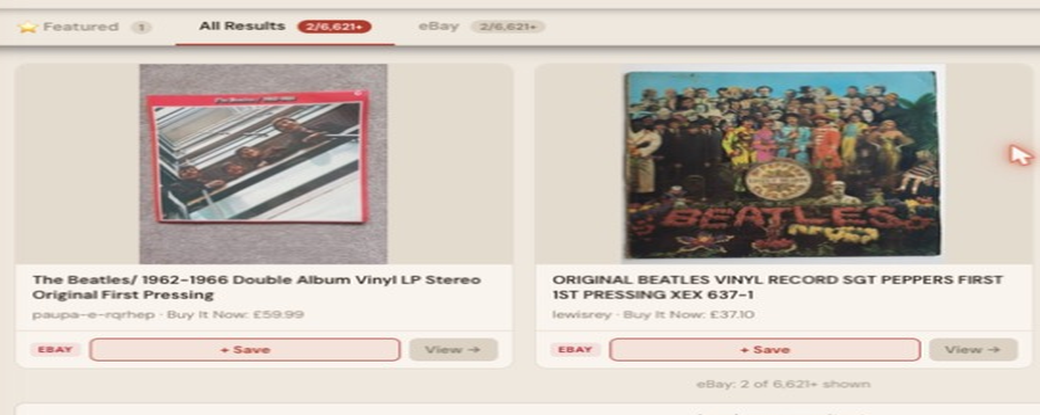 Auction Bid Assistant search results for 'Beatles original vinyl LP first pressing' showing a genuine original Sgt Peppers first pressing and 1962-1966 double album