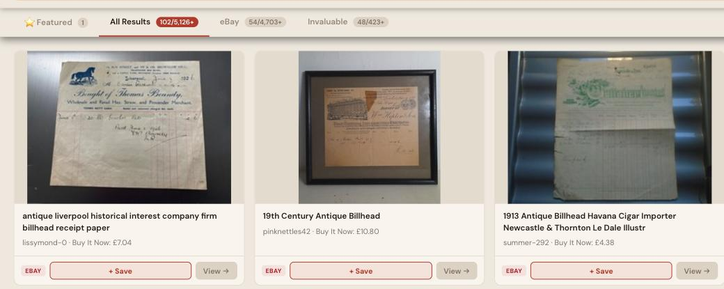 Auction Bid Assistant search results for 'antique billhead' showing genuine 19th and early 20th century illustrated trade billheads and receipts