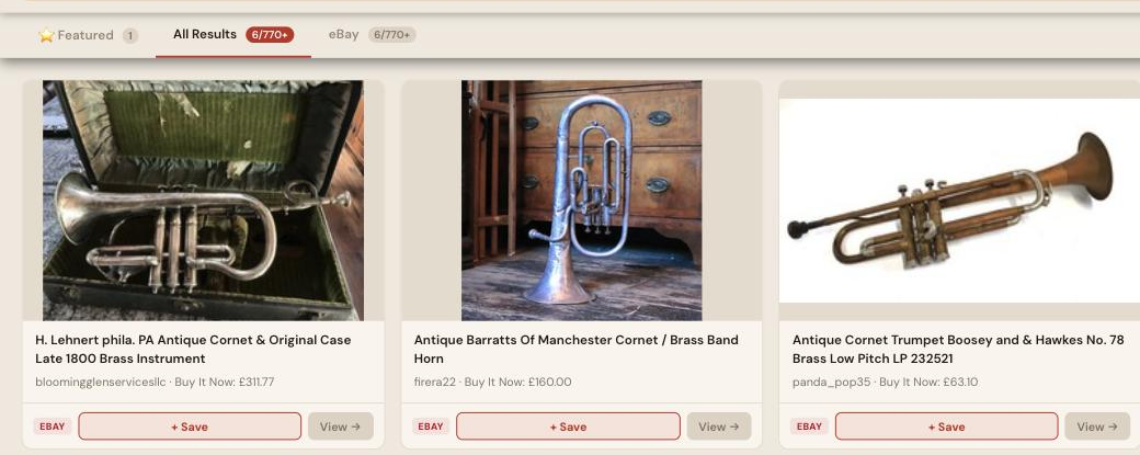 Auction Bid Assistant search results for 'antique brass cornet' showing genuine antique cornets and trumpets including a Boosey and Hawkes example