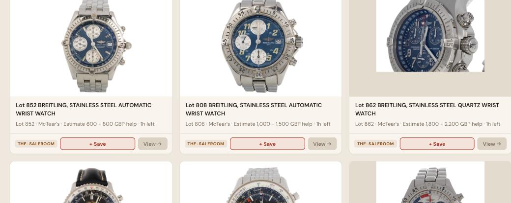 Auction Bid Assistant search results for 'Breitling watch' showing genuine Breitling stainless steel automatic and quartz chronograph wrist watches from a specialist auction house