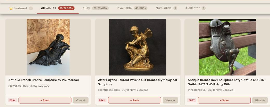 Auction Bid Assistant search results for 'bronze sculpture antique' showing genuine attributed bronze sculptures including works after Eugene Laurent