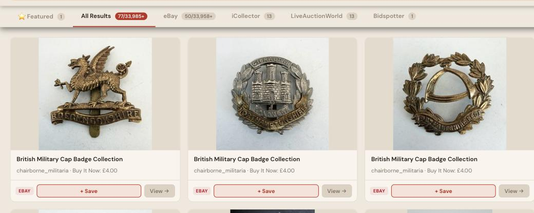 Auction Bid Assistant search results for 'military cap badge' showing genuine British Army regimental cap badges including Kings Own Scottish Borderers