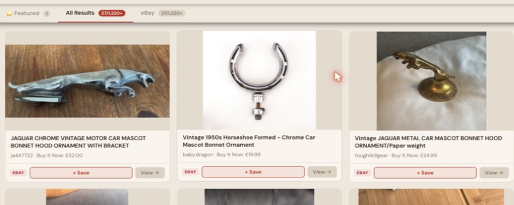 Auction Bid Assistant search results for 'car mascot bonnet ornament' showing a genuine chrome Jaguar vintage motor car mascot bonnet hood ornament with bracket