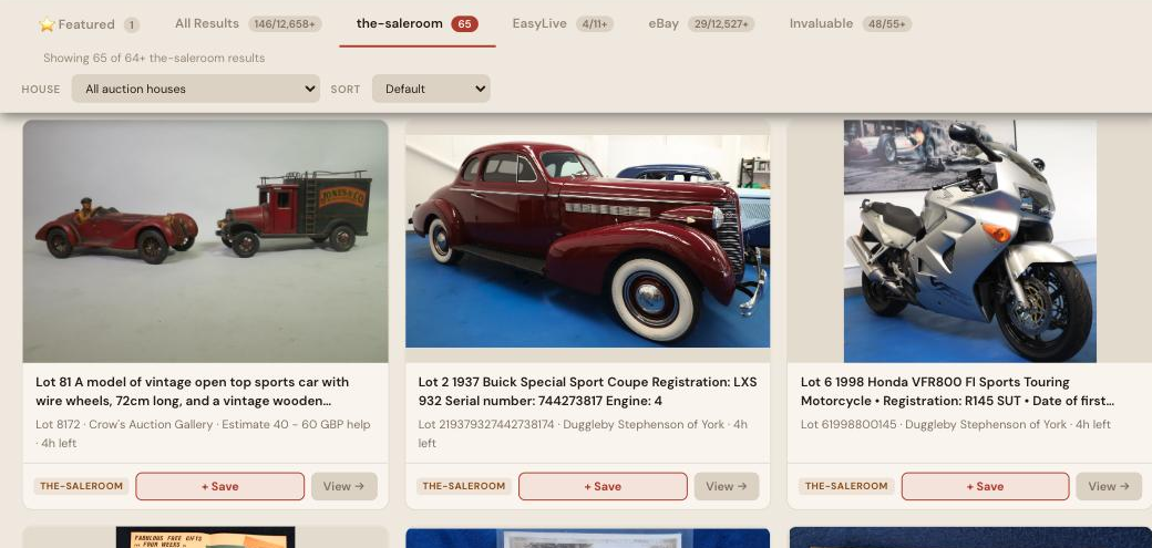Auction Bid Assistant search results showing real classic car lots including a 1937 Buick Special Sport Coupe and a Honda motorcycle from the-saleroom