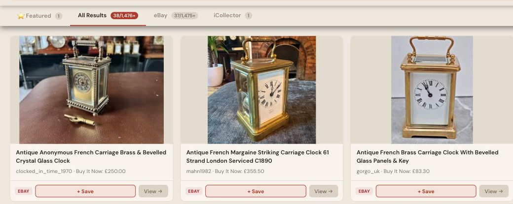 Auction Bid Assistant search results for 'carriage clock antique' showing genuine French brass carriage clocks with bevelled glass panels