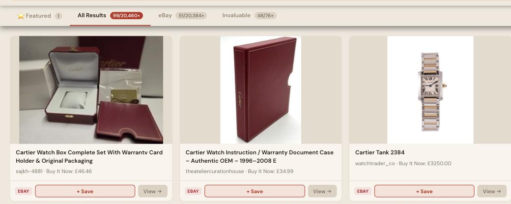 Auction Bid Assistant search results for 'Cartier watch' showing a genuine Cartier Tank 2384 and Cartier boxes and packaging