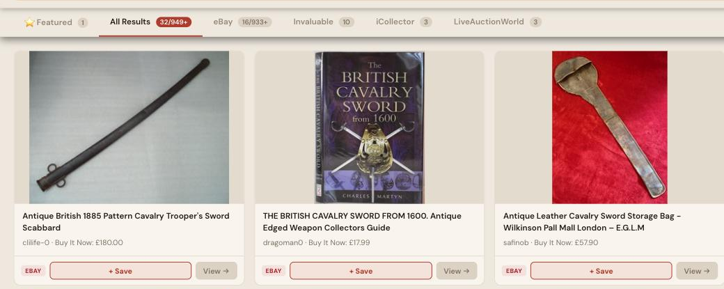 Auction Bid Assistant search results for 'cavalry sword antique' showing genuine British 1885 pattern cavalry sword scabbard and US Civil War cavalry sword items