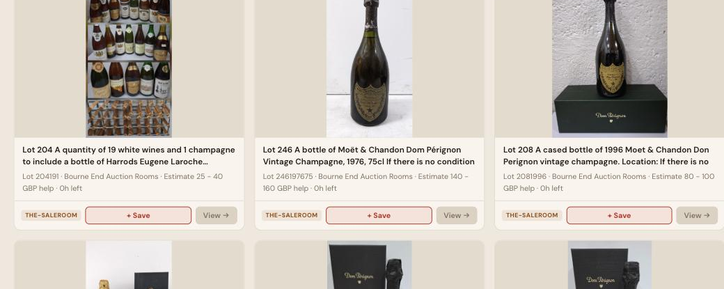 Auction Bid Assistant search results for 'vintage champagne bottle' showing genuine Dom Perignon 1976 and 1996 vintage champagne bottles