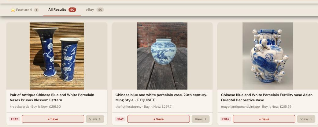 Auction Bid Assistant search results for 'Chinese blue and white porcelain vase' showing genuine antique Chinese porcelain vases from multiple sellers