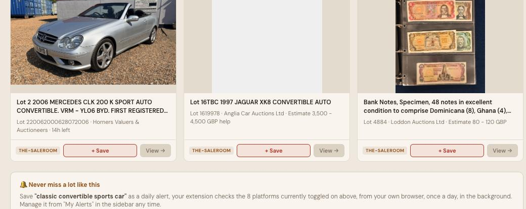 Auction Bid Assistant search results for 'classic convertible sports car' showing genuine classic convertibles including a Mercedes CLK and Jaguar XK8 from UK car auction houses