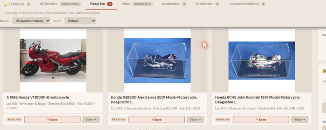 Auction Bid Assistant search results for 'Honda motorcycle' showing a genuine 1986 Honda VF1000F-II motorcycle