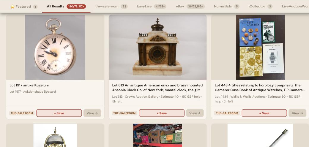 Auction Bid Assistant search results for 'antique clock' showing 180 matching lots including a mantel clock, a pocket watch and horology reference books across the-saleroom, eBay and more