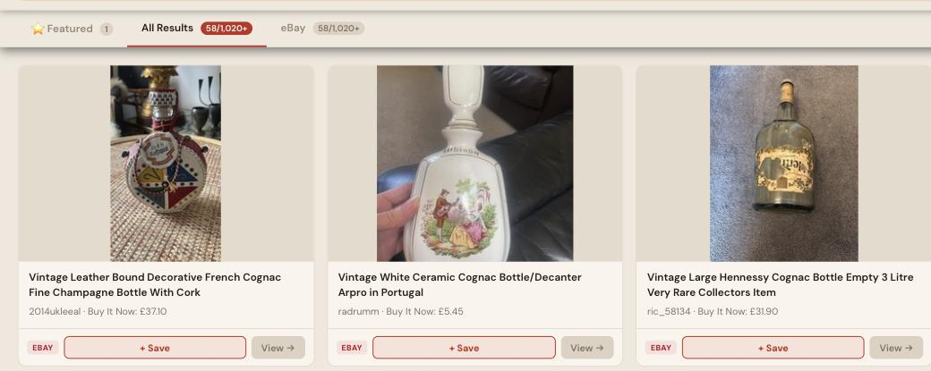 Auction Bid Assistant search results for 'vintage cognac bottle' showing genuine rare Hennessy and Martell vintage cognac bottles