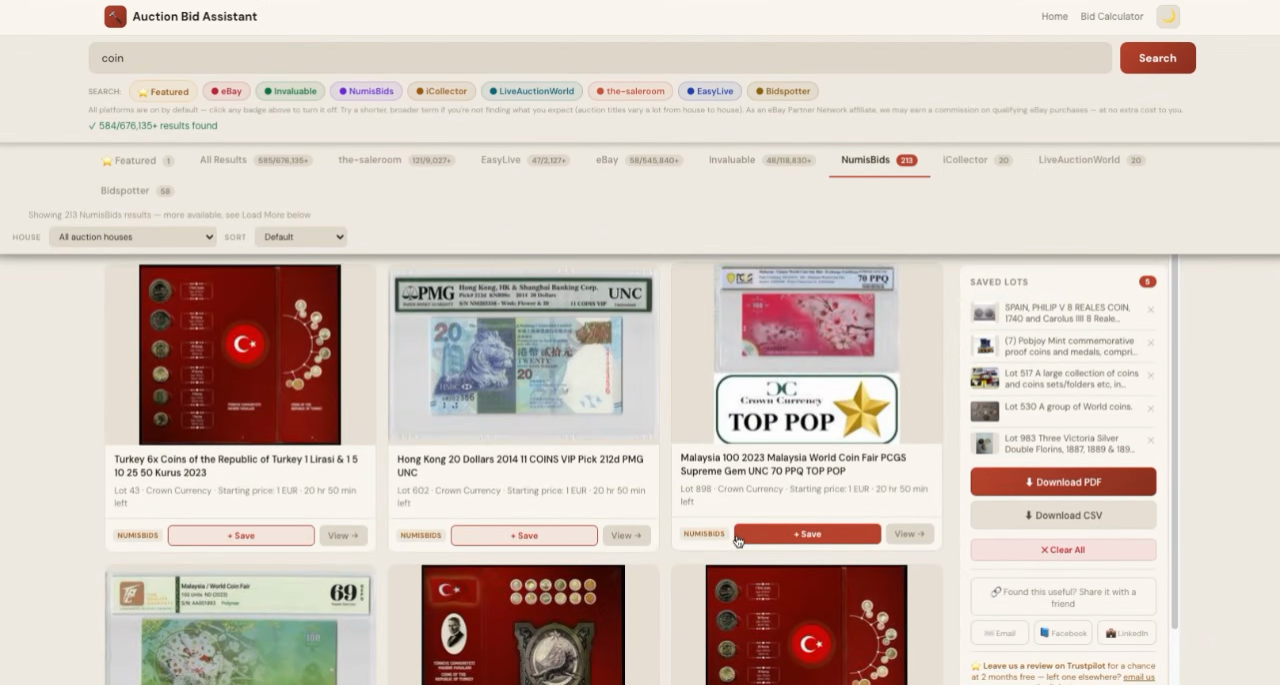 Auction Bid Assistant search results for 'coin' showing 584 matching lots including Turkish, Hong Kong and world coin fair lots across the-saleroom, NumisBids, eBay and more