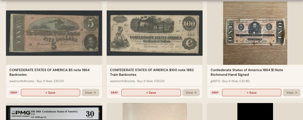 Auction Bid Assistant search results for 'Confederate note' showing genuine 1862 to 1864 Confederate States currency including a hand-signed one dollar note