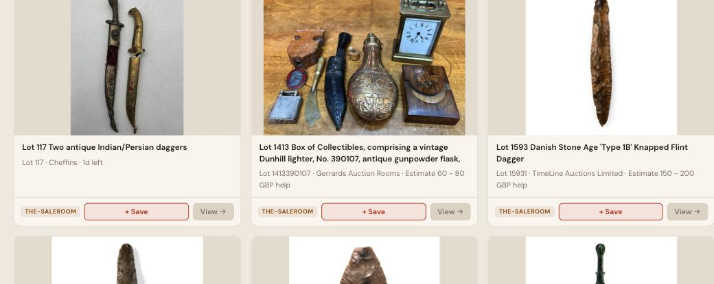 Auction Bid Assistant search results for 'antique dagger' showing genuine Indian/Persian daggers and Danish Stone Age knapped flint daggers