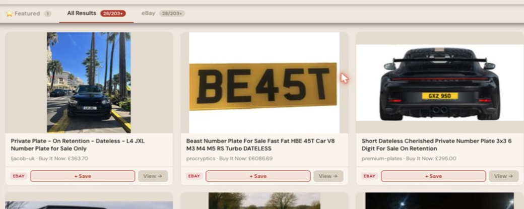 Auction Bid Assistant search results for 'dateless number plate' showing a genuine private plate on retention, dateless L4 JXL, for sale only