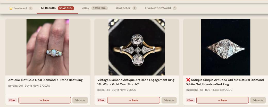 Auction Bid Assistant search results for 'antique diamond ring' showing genuine Art Deco engagement rings and old cut diamond rings