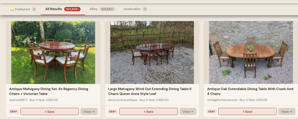 Auction Bid Assistant search results for 'antique dining table and chairs' showing genuine period mahogany and oak dining sets with matching chairs