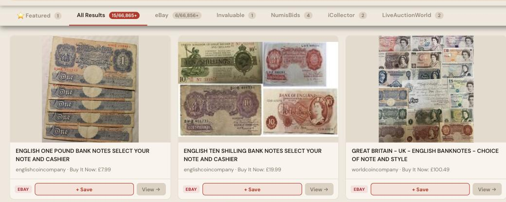 Auction Bid Assistant search results for 'English banknote' showing genuine one pound and ten shilling notes plus a mixed Great Britain lot across eBay, Invaluable, NumisBids and more