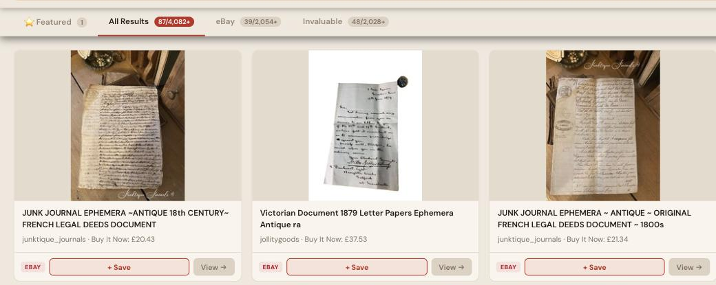 Auction Bid Assistant search results for 'antique ephemera document' showing genuine 18th and 19th century legal deeds and documents