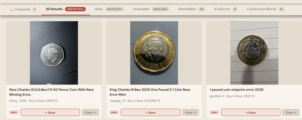 Auction Bid Assistant search results for 'error coin' showing genuine misprint and off-center UK coin errors