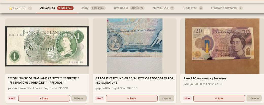 Auction Bid Assistant search results for 'error note' showing a genuine mismatched-prefix one pound note and a missing-signature five pound note