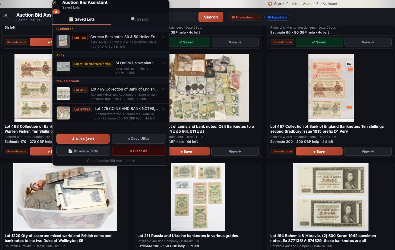 Extension popup showing saved auction lots