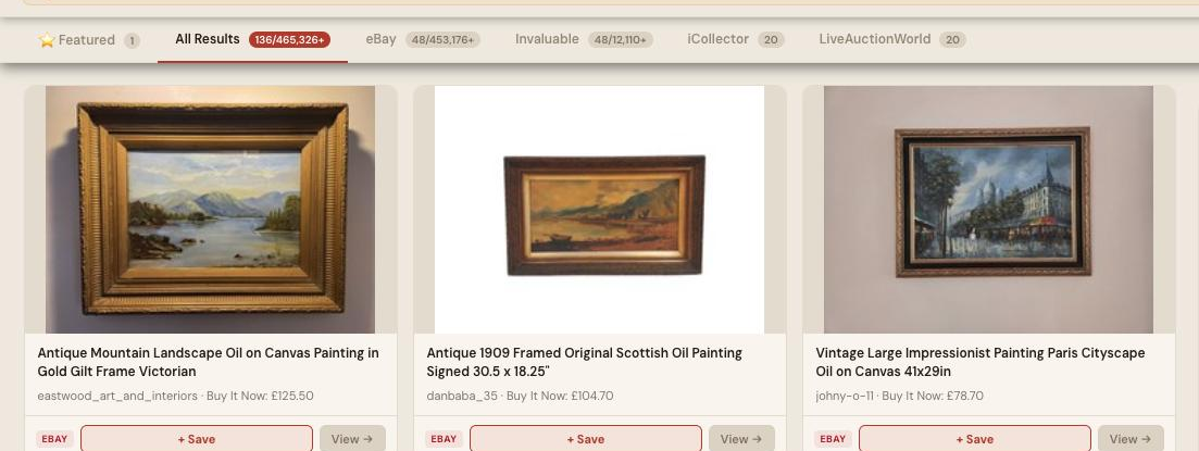 Auction Bid Assistant search results for 'oil painting' showing 136 matching lots including landscape, cityscape and impressionist oil paintings across the-saleroom, eBay and more
