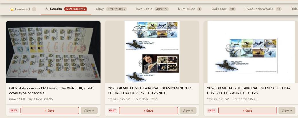 Auction Bid Assistant search results for 'first day cover' showing genuine GB Royal Mail first day cover collections and multi-lot listings