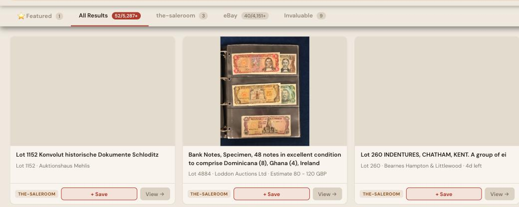 Auction Bid Assistant search results for 'revenue stamp document' showing genuine King George III and Malaya revenue stamp documents