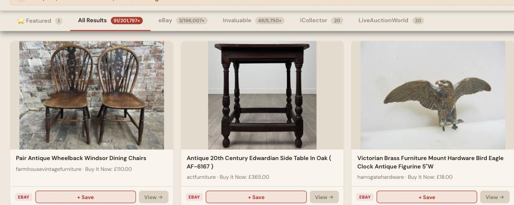 Auction Bid Assistant search results for 'antique furniture' showing 91 matching lots across the-saleroom, eBay and more