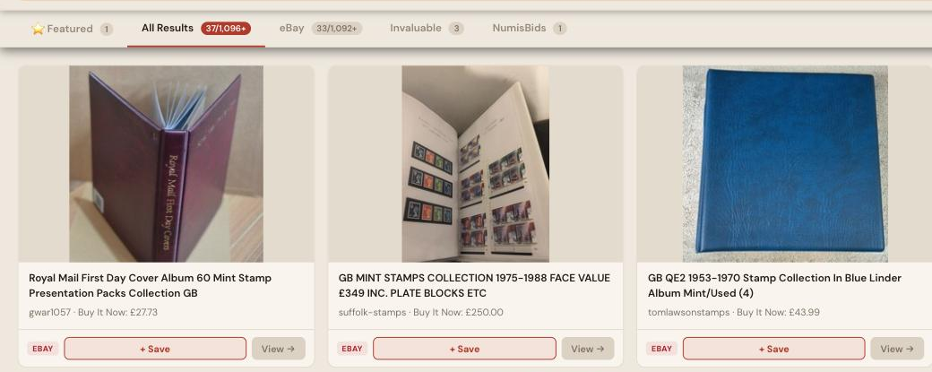 Auction Bid Assistant search results for 'GB mint stamp collection' showing genuine Royal Mail first day cover albums and Queen Elizabeth II era stamp collections