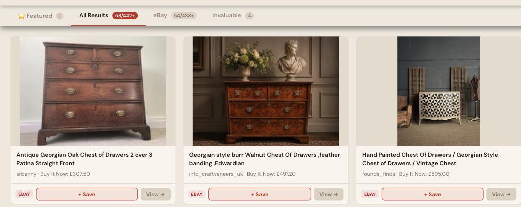 Auction Bid Assistant search results for 'Georgian chest of drawers' showing genuine period oak and burr walnut chests of drawers