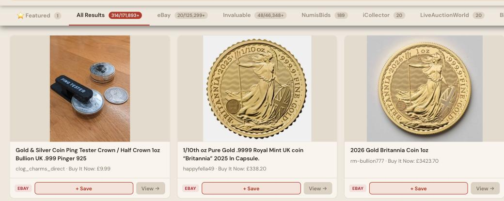 Auction Bid Assistant search results for 'gold coin' showing genuine gold Britannia bullion coins and a rare Edward III gold quarter noble