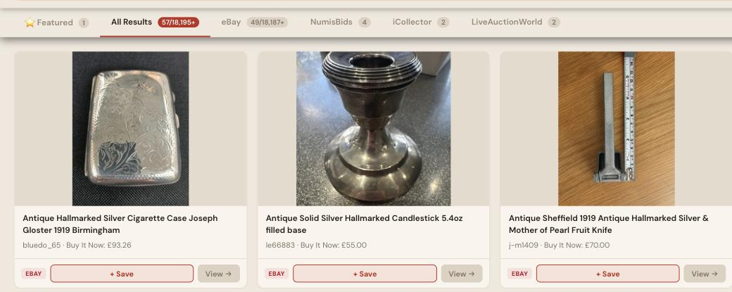 Auction Bid Assistant search results for 'hallmarked silver antique' showing genuine dated hallmarked silver cigarette cases, candlesticks and cutlery