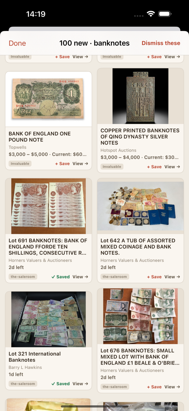 New-lot alert results spanning Invaluable and the-saleroom