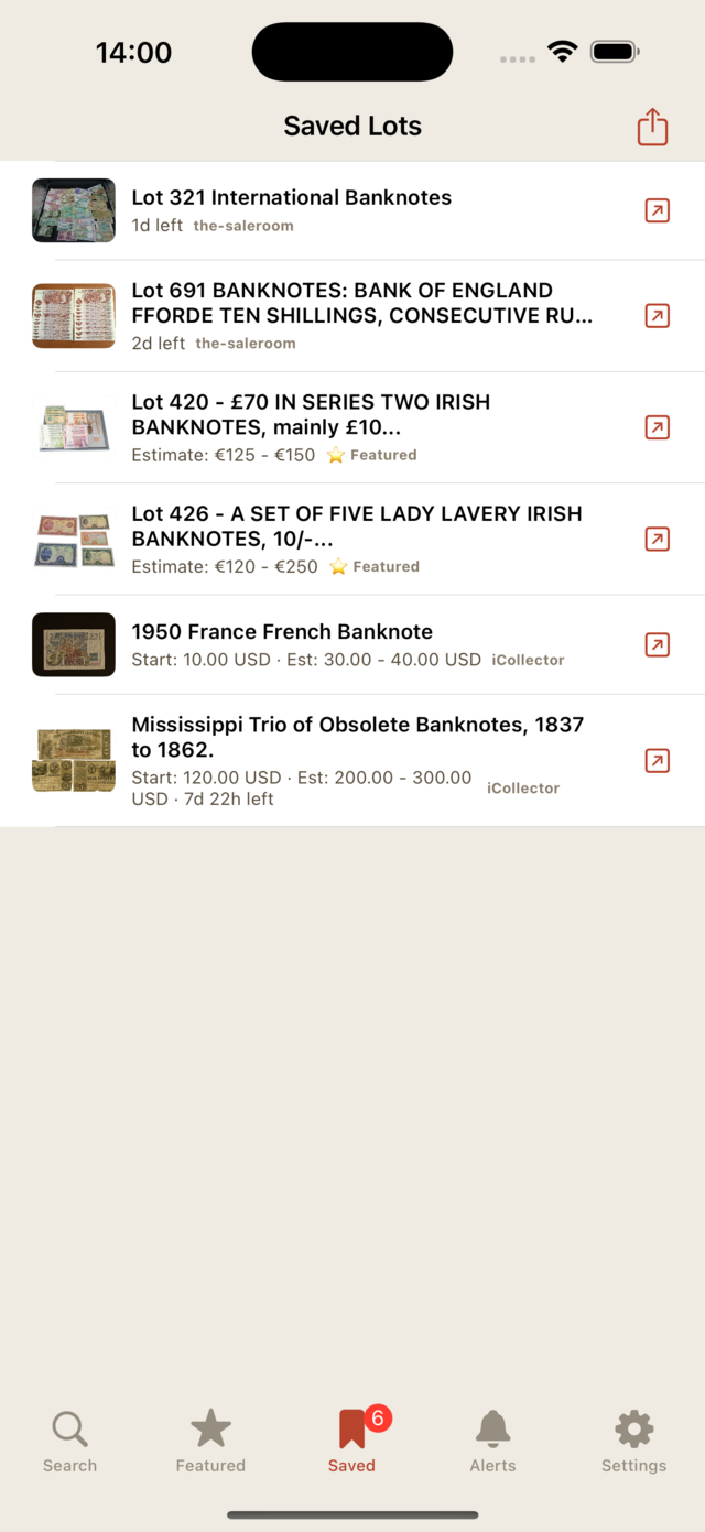 Saved lots list, ready to export as PDF or CSV
